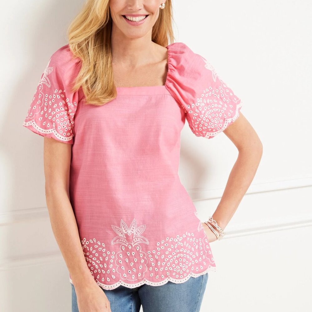 NWT Linen Blend Square Neck Embroidered Top Pink, Size - M with scallop hem